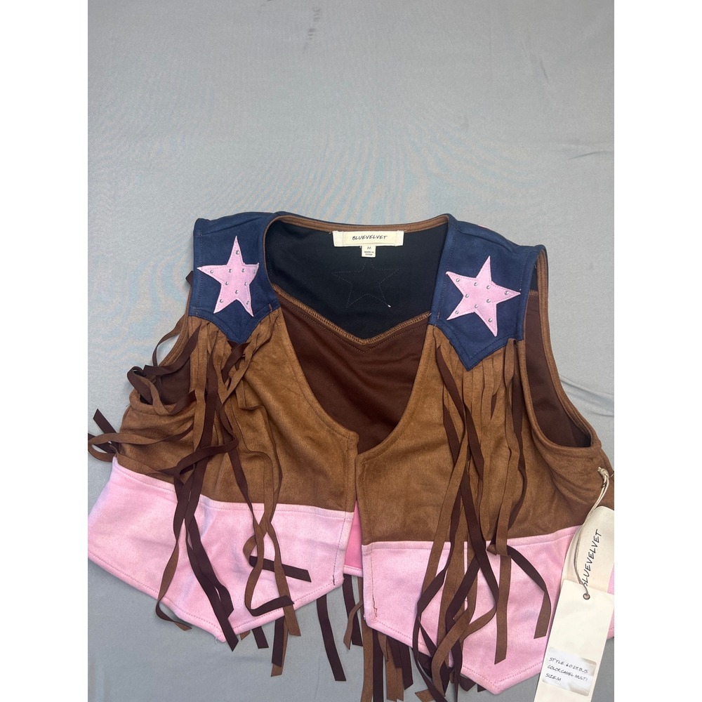 Blue Velvet Western Fringe Vest Pink Star Studded Faux Suede Camel Multi 60258JS